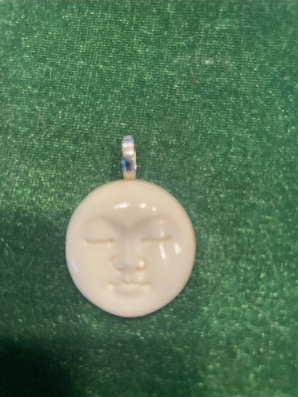 Carved White Moon Face Pendant Necklace